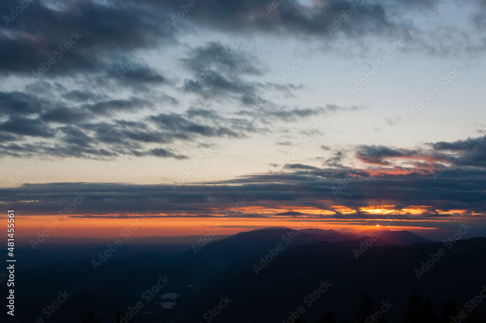 Sunset from Pizzoc mount top. Cansiglio woodland, Italy