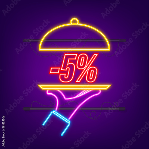 Hand tray - 5 percent discount, great design for any purposes. Neon style. Vector background. Isolated object.