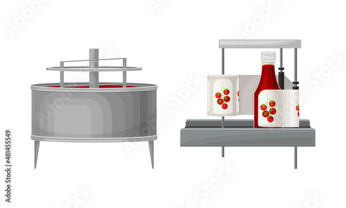 Ketchup manufacturing process set. Equipment for the production of tomato sauce vector illustration