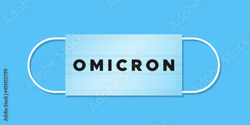 Variant Omicron. Covid 19. Medical mask with text on blue background. Vector illustration, flat design