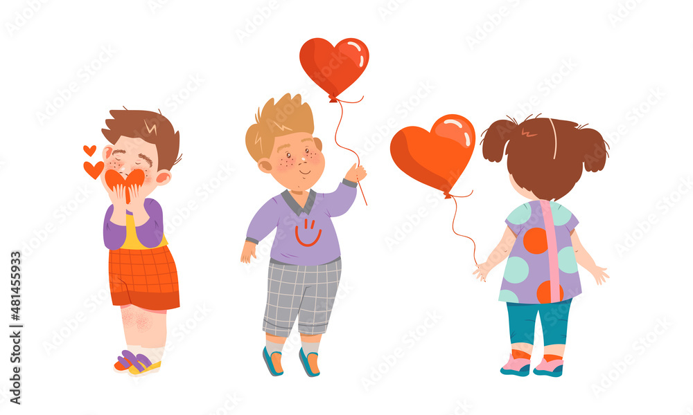 Adorable kids in love set. Cute children with heart shaped balloons cartoon vector illustration Adorable kids in love set. Cute children with heart shaped balloons cartoon vector illustration