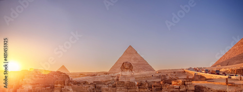 Fotografie, Obraz Banner Main tourist view famous wonder of world Sphinx and pyramids Giza, Egypt