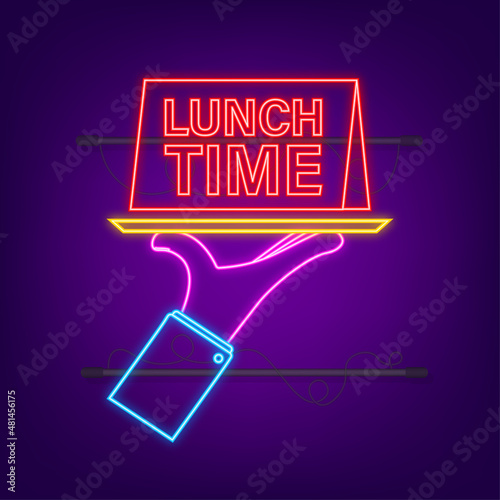 Neon icon with lunch time on white background for cover design. Cooking background. Vector icon. Vector logo.