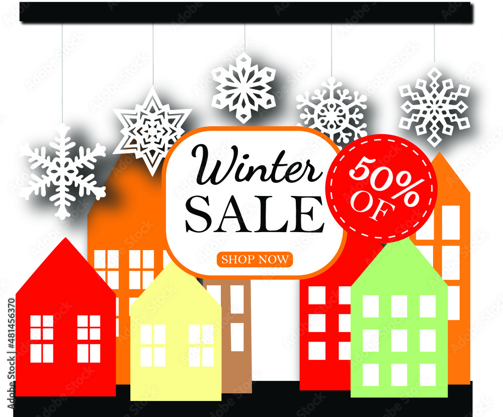 Advertising banner, winter discounts. Colored houses, snow. Vector illustration.