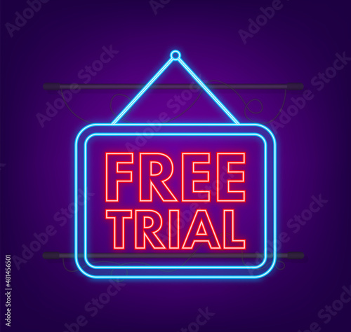 Free trial neon banner on gray background. Product advertising. Web design. Symbol, sign. Vector stock illustration.