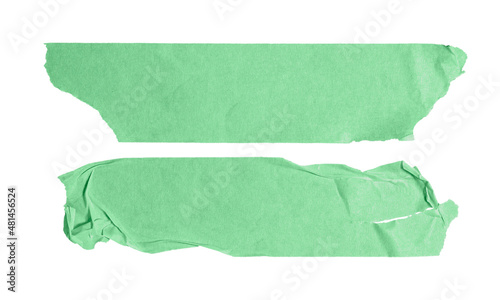 Light green tapes. Adhesive torn, ripped paper strips isolated on white background.