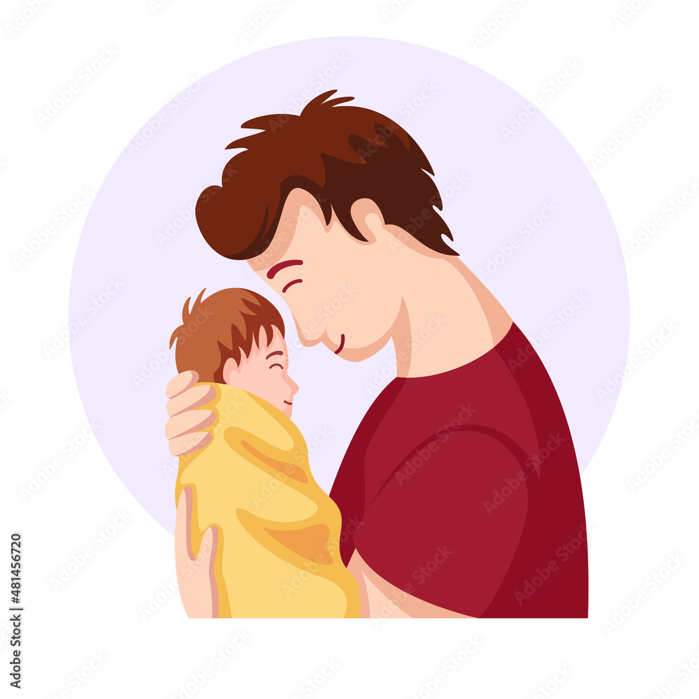 Happy father are holding baby. Father care and love of his kiddy. Family scene of love, togetherness and tenderness. Father's love and fondness. Flat vector illustration isolated on white background. Happy father are holding baby. Father care and love of his kiddy. Family scene of love, togetherness and tenderness. Father's love and fondness. Flat vector illustration isolated on white background.
