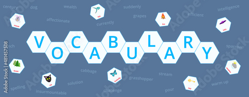 Vocabulary banner. Vector vocabulary illustration with letters and hexagonal pictures. photo