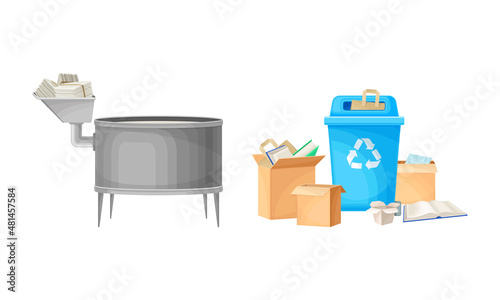 Old paper recycling process. Factory equipment with old carton trash vector illustration
