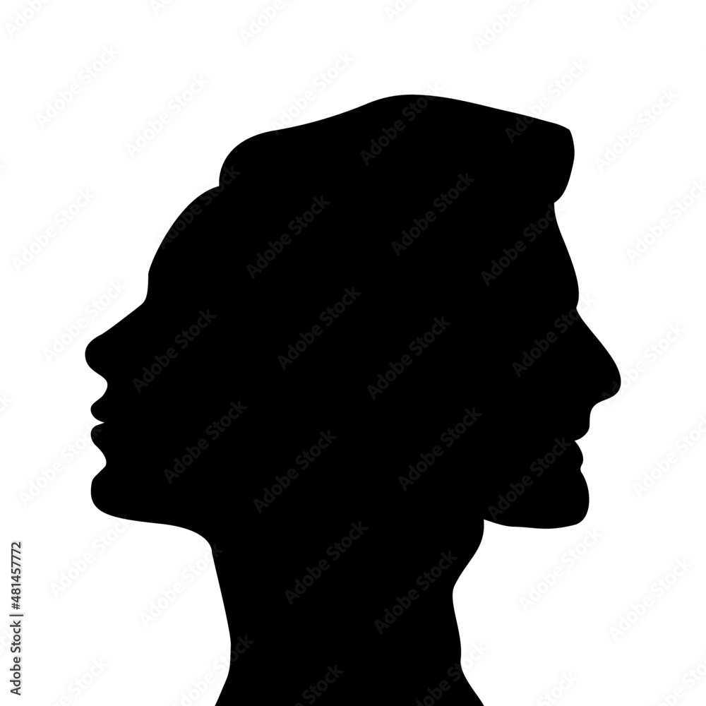 Abstraction silhouette of a person. Web profile of the male and female head are joined together. Isolated on white background. Silhouette of a man and woman. Duality concept.