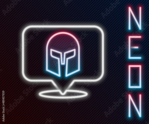 Glowing neon line Greek helmet icon isolated on black background. Antiques helmet for head protection soldiers with a crest of feathers or horsehair. Colorful outline concept. Vector
