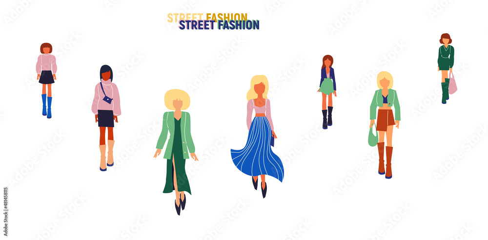 Fototapeta premium Collection of stylish young women dressed in trendy clothes. Vector fashion illustration.