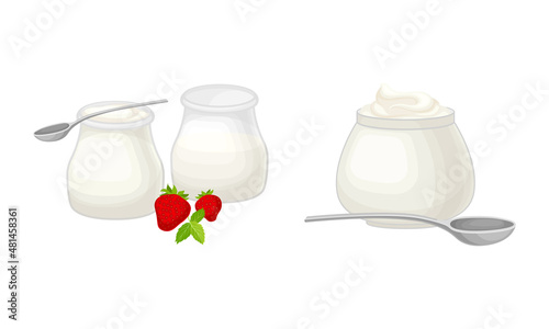 Dairy products set. Jars of yoghurt and sour cream vector illustration