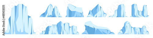 Floating icebergs collection. Drifting arctic glacier, block of frozen ocean water. Icy mountains with snow. Melting ice peak. Antarctic snowy landscape. South and North Pole. Vector illustration.