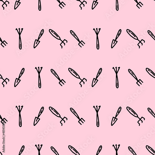 Seamless pattern with hoes. Hand drawn outline vector background in doodle style. Gardening tools for working in the garden, on the farm, in the dacha, country site
