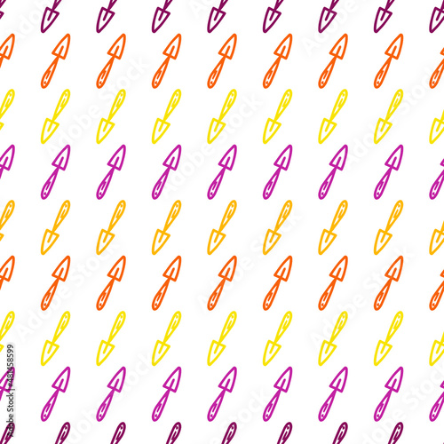 Seamless pattern with hoes. Hand drawn outline vector background in doodle style. Gardening tools for working in the garden, on the farm, in the dacha, country site