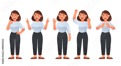 Set of positive and approving gestures. Young happy woman shows various good emotions. Heart, thumbs up, OK, peace and achievement. Cartoon flat vector collection isolated on white background