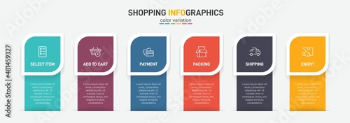 Concept of shopping process with 6 successive steps. Six colorful graphic elements. Timeline design for brochure, presentation, web site. Infographic design layout.