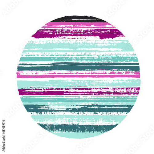 Vintage circle vector geometric shape with striped texture of paint horizontal lines. Disc banner with old paint texture. Badge round shape circle logo element with grunge background of stripes.