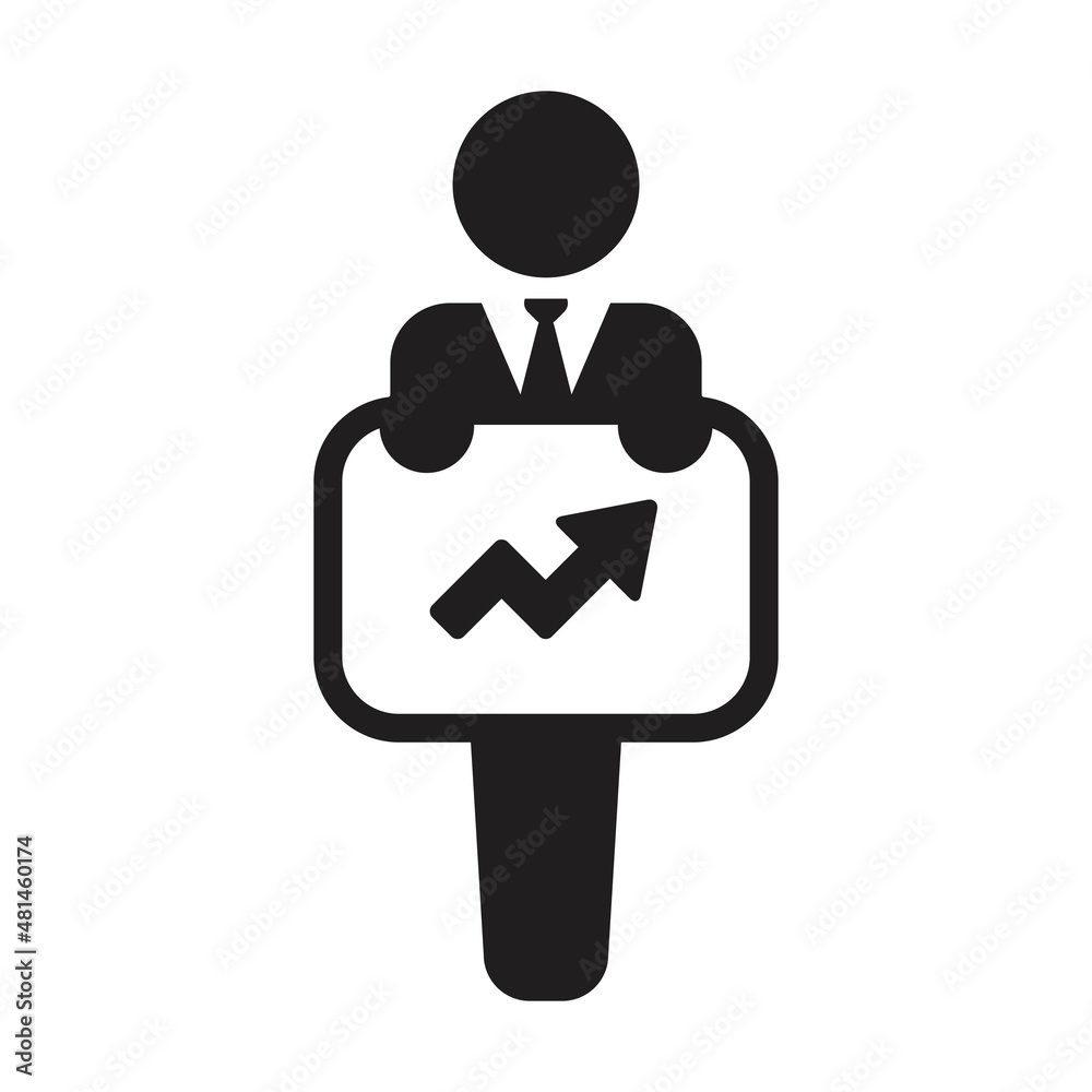 Business icon vector, male person with growth arrow symbol on board for trading in a glyph pictogram illustration Business icon vector, male person with growth arrow symbol on board for trading in a glyph pictogram illustration
