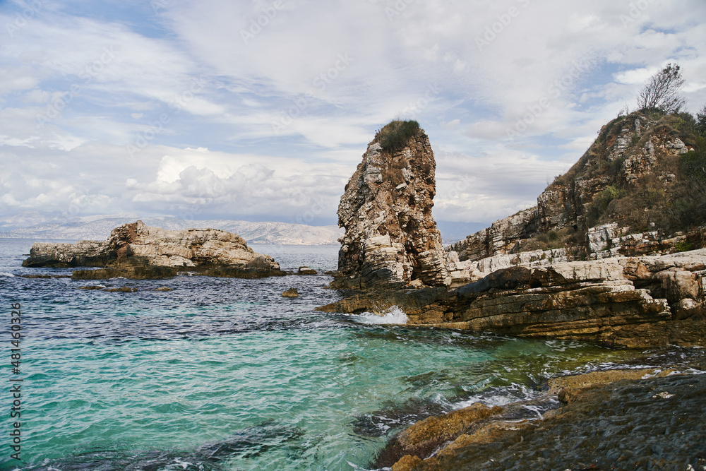 View of the stony coast of the Ionian sea on the islands of Corfu