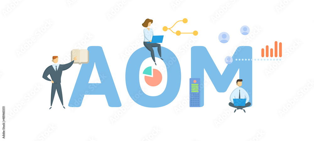 AOM, Advanced Order Management. Concept with keyword, people and icons. Flat vector illustration. Isolated on white. AOM, Advanced Order Management. Concept with keyword, people and icons. Flat vector illustration. Isolated on white.