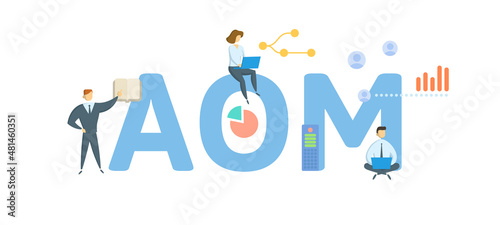 AOM, Advanced Order Management. Concept with keyword, people and icons. Flat vector illustration. Isolated on white.