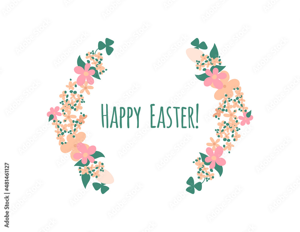 Happy Easter vector illustration with flowers. Rustic earthy colors spring holiday template for greeting card, invitation, poster, banner. Easter day flat style background