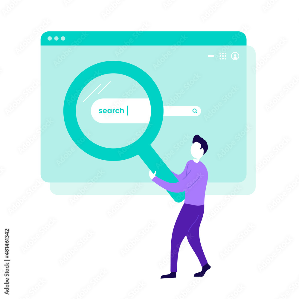 Man holding magnifying glass at search bar in browser window. Trendy flat illustration. Man holding magnifying glass at search bar in browser window. Trendy flat illustration.