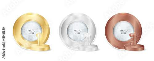 Gold, silver, bronze winner podium set. Realistic 3D award stage background. Champion 1, 2, 3 place pedestal mock up. Vector illustration