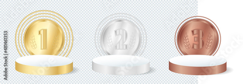 Gold, silver, bronze winner podium set. Realistic 3D award stage on white and transparent background. Champion 1, 2, 3 place pedestal mock up. Vector illustration