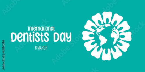 6 march Happy National Dentist's Day. White tooth around Earth globe. Vector illustration.