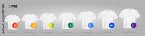 White T-shirt size  S, M, L, XL, XXL XXXL labels and round stickers. Vector illustration