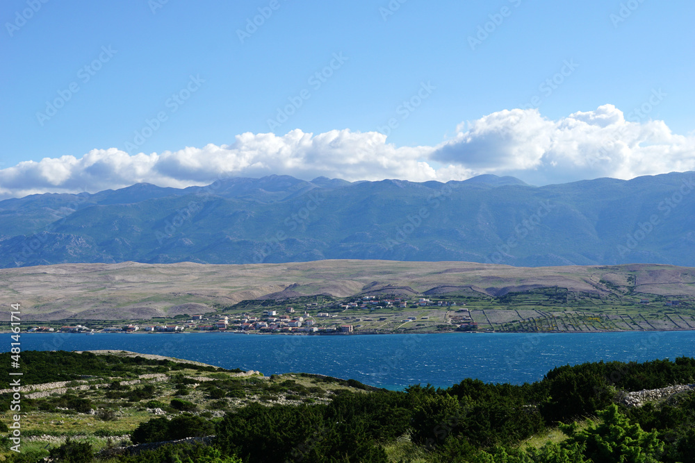 Colorful landscape on the Croatian island of Pag on beautiful sunny and windy spring day