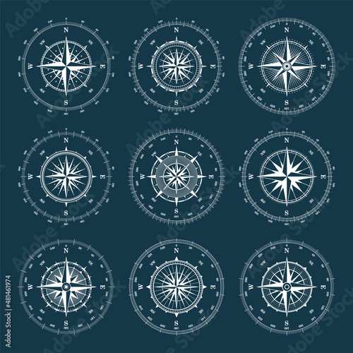 Vintage marine wind rose, nautical chart. Monochrome navigational compass with cardinal directions of North, East, South, West and degree markings. Geographical position, cartography and navigation.