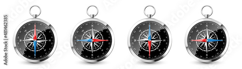 Realistic silver vintage compass with marine wind rose and cardinal directions of North, East, South, West. Shiny metal navigational compass. Cartography and navigation. Vector illustration.