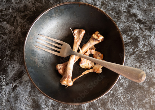 gnawed chicken bones and a fork in a plate