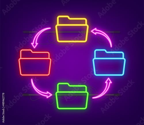 Neon icon with file exchange. Flat digital vector illustration. Cloud storage icon. Data storage.