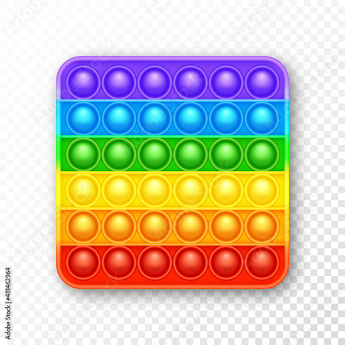 Colorful silicone anti-stress pop it toy. Trendy sensory game for children. Rainbow push pop fidget toy with brightly colored popping bubbles. Vector illustration