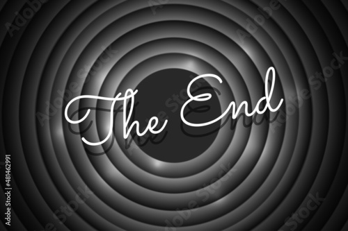 The End handwrite title on black and white round background. Old cinema movie circle ending screen. Vector noir promotion poster design template eps illustration photo