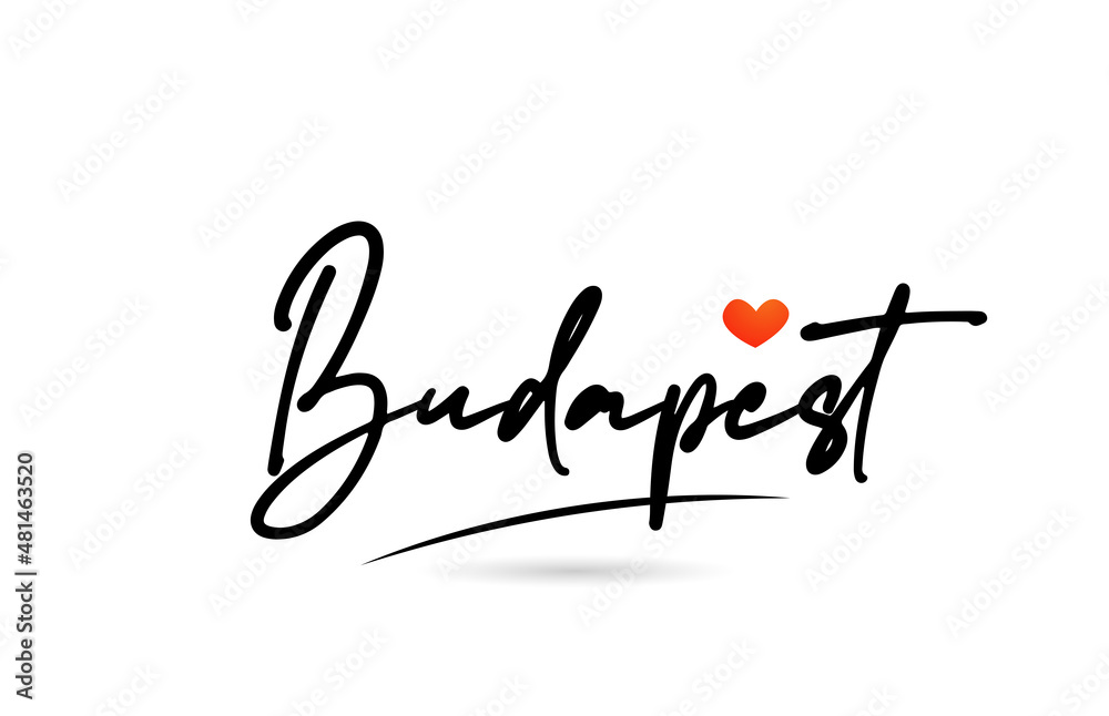 Budapest city text with red love heart design.  Typography handwritten design icon