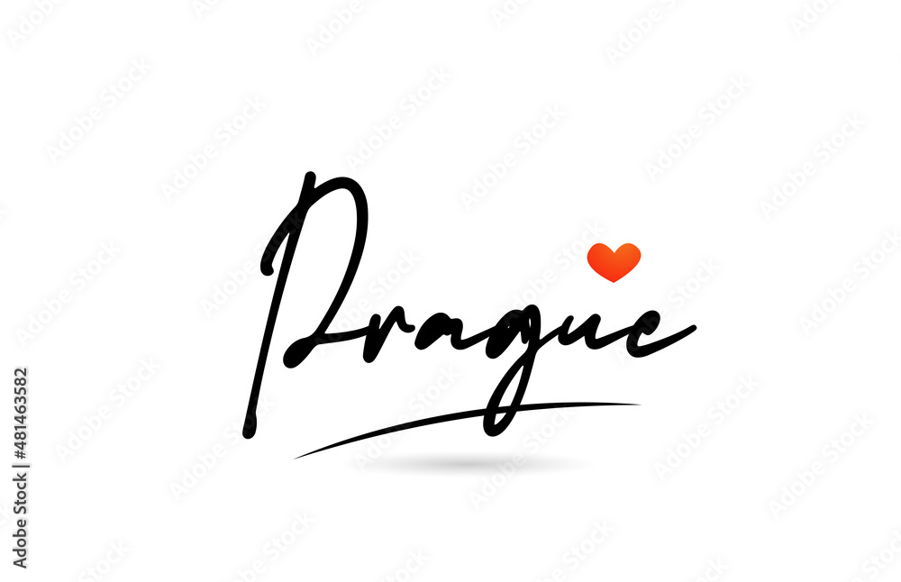 Prague city text with red love heart design. Typography handwritten design icon Prague city text with red love heart design. Typography handwritten design icon
