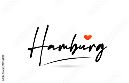 Hamburg city text with red love heart design. Typography handwritten design icon