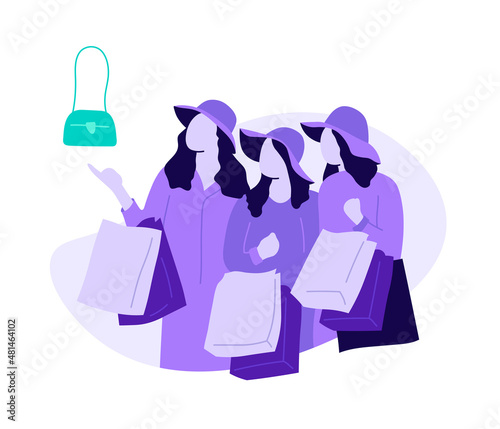 Group of women at shop window with handbag. Trendy flat illustration.