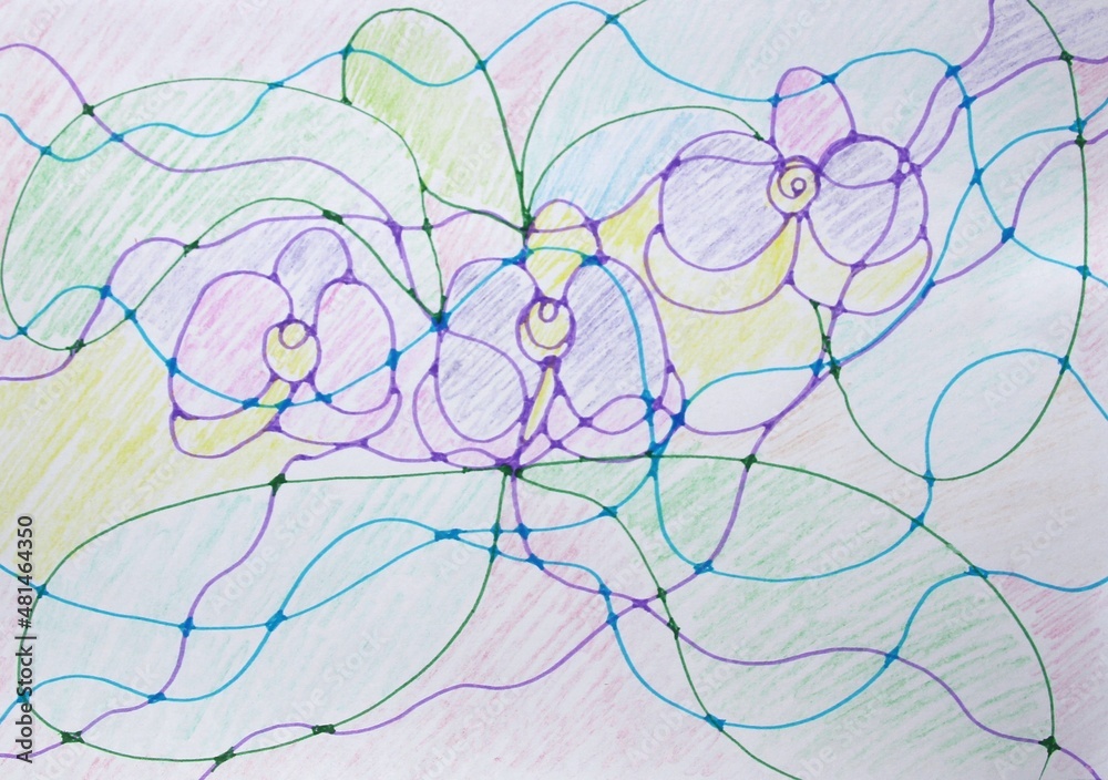 abstract background with circles, lines, waves, colors draw with pencil and colorful markers on paper