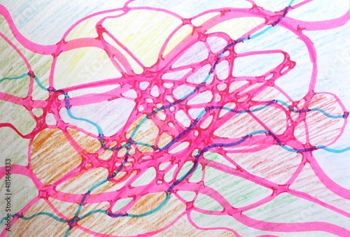 abstract background with circles, lines, waves, colors draw with pencil and colorful markers on paper photo