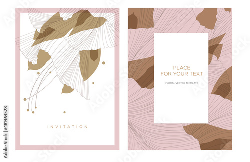 Wedding invitation template in the abstract style. Abstract flowers and leaves drawn by a line. Background for the invitation, shop, beauty salon, spa. 