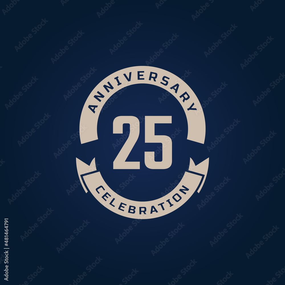 25 Year Anniversary Celebration with Golden Color for Celebration Event, Wedding, Greeting card, and Invitation Isolated on Blue Background