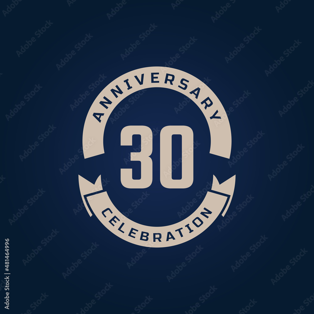 30 Year Anniversary Celebration with Golden Color for Celebration Event, Wedding, Greeting card, and Invitation Isolated on Blue Background