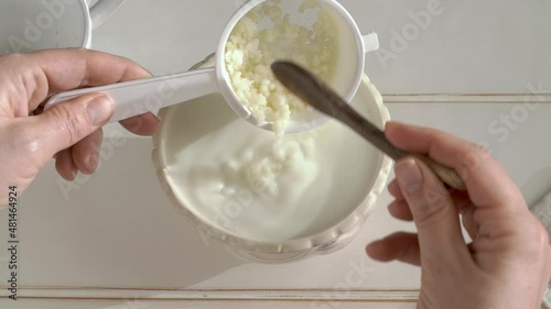 Pouring kefir grains from a strainer into fresh milk - preparation of a homemade fermented drink photo